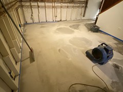 A resurface job we did in a basement. Filled in low spots and patched all repairs where needed using polymer cement. Finished with a polymer cement resurfacer that was tinted for a clean grey look.