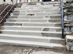 Before and after of a step repair job using pins to stabilize the railing. Built the corner and side of the step with our polymer cement product and finished by resurfacing all repairs.
