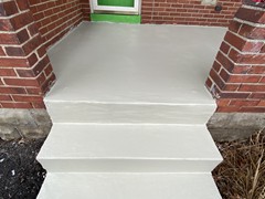 Before and after of a step repair job using pins to stabilize the railing. Built the corner and side of the step with our polymer cement product and finished by resurfacing all repairs.